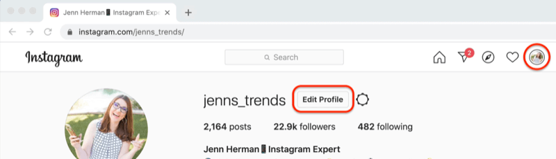 skærmbillede af en instagram-profil med knappen 'rediger profil' fremhævet