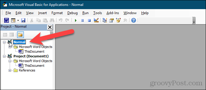 Vælg Normalt projekt i VBA-editor i Word