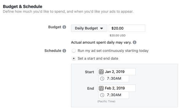 Budget- og tidsplanmuligheder for en Facebook-leadannoncekampagne.