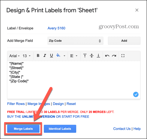 google sheets flette etiketter