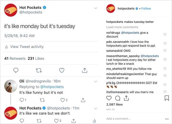 Hot Pockets Instagram-indlæg med varemærke oddball-humor.