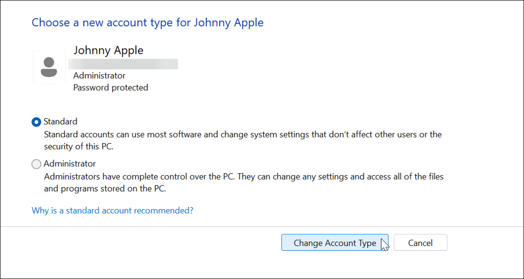 Skift kontotype på Windows 11