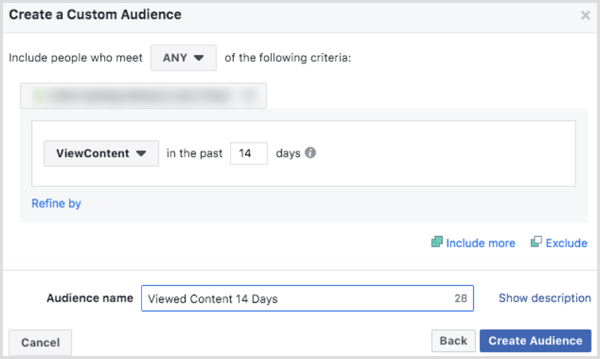 Vælg muligheder for at oprette et Facebook-tilpasset publikumsside baseret på ViewContent-begivenhed 