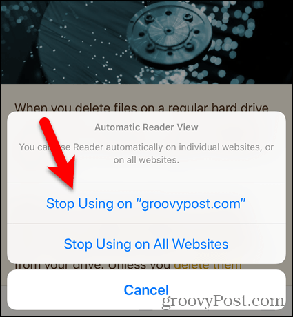 Stop med at bruge læsevisning på et websted eller på alle websteder i Safari til iOS