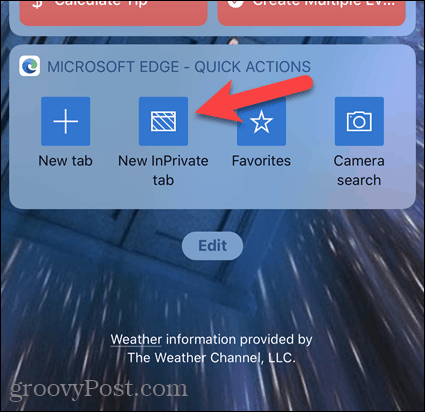 Tryk på Ny InPrivate-fane på Edge-widget på iOS