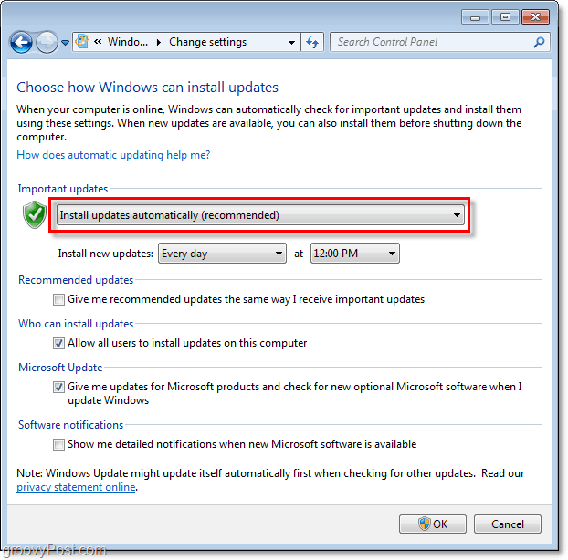 Windows 7 - Skærmbillede af Windows Update-konfigurationsmenu
