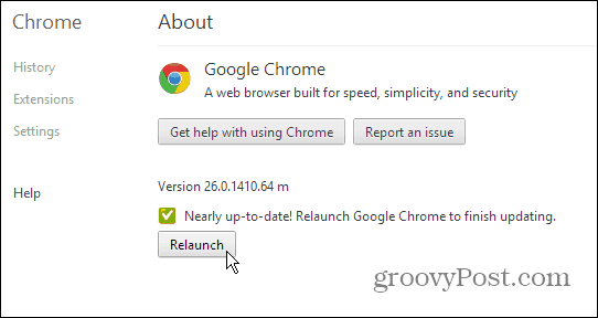 Google Chrome Om side - Opdater og genstart