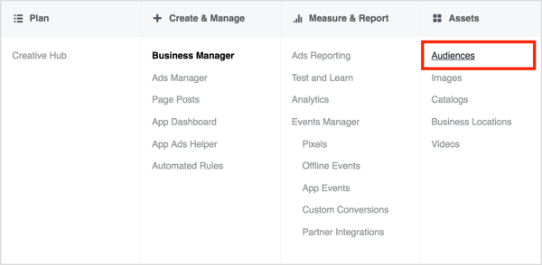 Åbn Business Manager, og vælg Målgrupper i kolonnen Aktiver.
