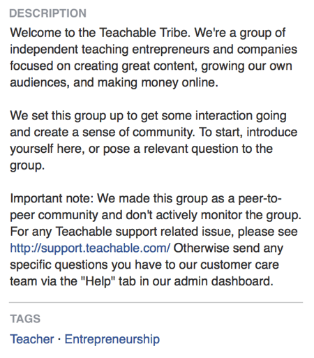 I Facebook-gruppebeskrivelsen angiver Teachable direkte, at dens Facebook-gruppe handler om at oprette et samfund.