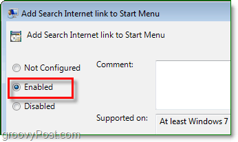 tjek den aktiverede radioknap for at aktivere windwos 7 startmenuen internet søgning link klik ok for at afslutte