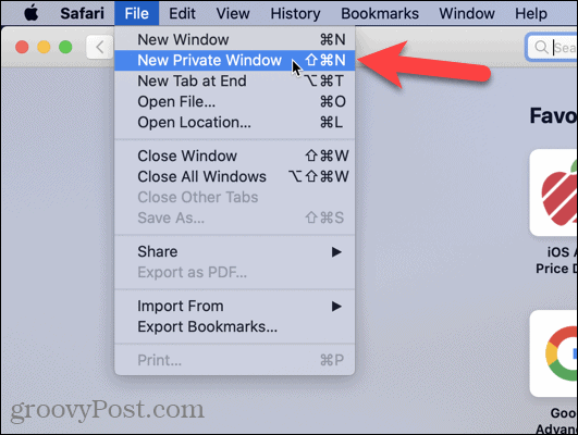 Vælg Nyt privat vindue i Safari på Mac