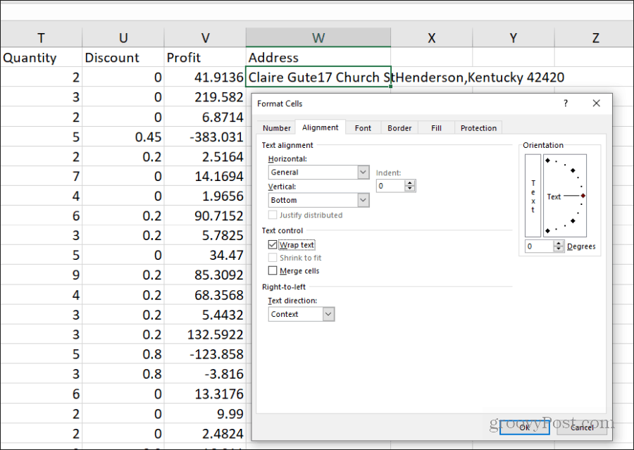 indstilling af tekstindpakning i Excel