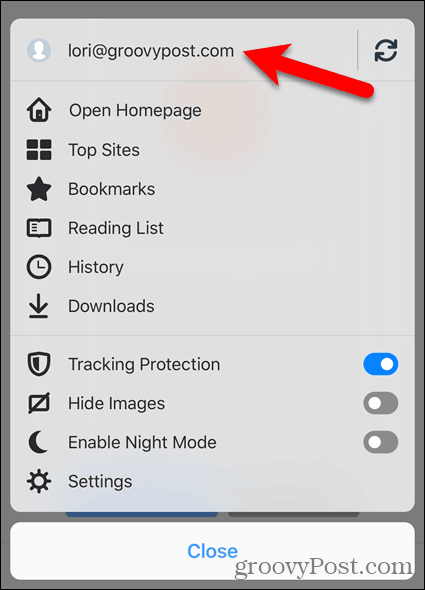 Tryk på dit kontonavn i Firefox til iOS