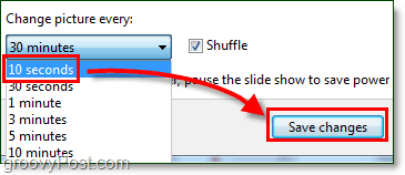 indstil Windows 7 baggrundsrotationshastighed til 10 sekunder og gem, skift det tilbage, når du er færdig