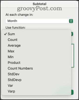 Forskellige funktioner tilgængelige i Subtotal Dialog i Excel