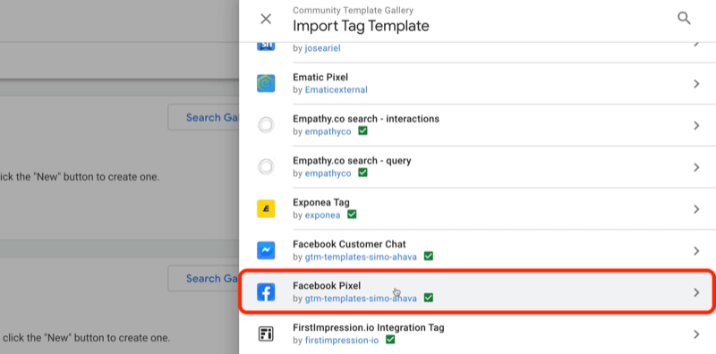 google tag manager community skabelon galleri import tag skabelon menu med eksempel skabeloner af ematic pixel, exponea tag, facebook kundechat, blandt andre med facebook pixel fremhævet