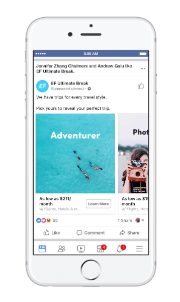 Facebook rullede ud en ny type dymanisk annonce til rejser kaldet, rejseovervejelse.
