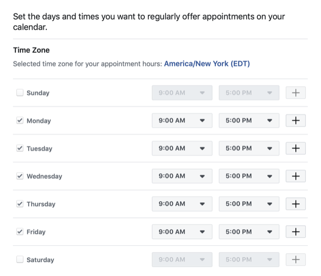 indstil datoer og klokkeslæt til rådighed for booking med Facebook-siden
