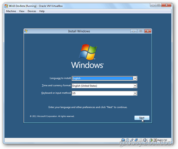 VirtualBox Windows 8 installationsmenu