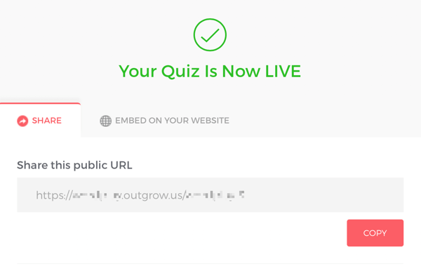 Link for at dele din live Outgrow quiz.