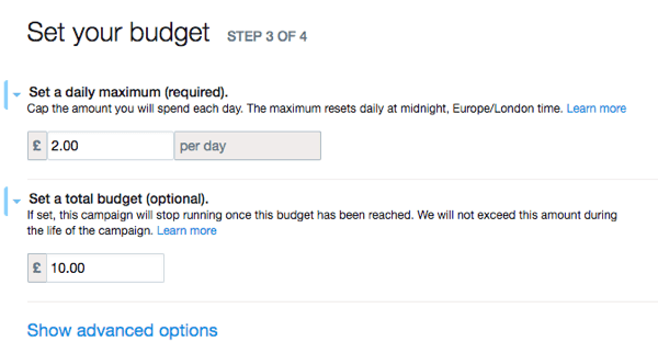 Opret din Twitter-annonces budget.