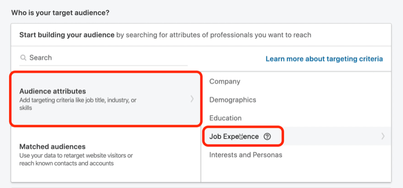 skærmbillede af Who Is Your Audience? sektion i LinkedIn-kampagneopsætning
