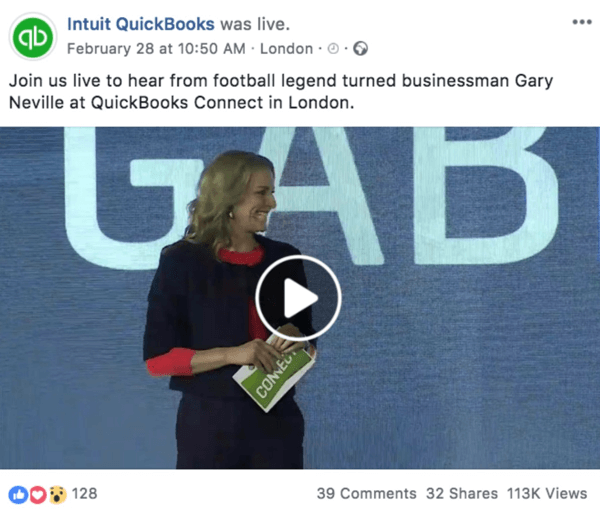 Eksempel på et Facebook-indlæg, der annoncerer en kommende Live-video fra Intuit Quickooks.