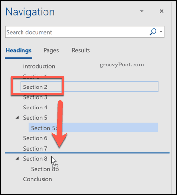 Omarrangering af overskrifter ved hjælp af navigationsruden i Word