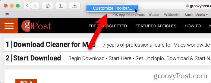 Vælg Tilpas værktøjslinje i Safari til Mac