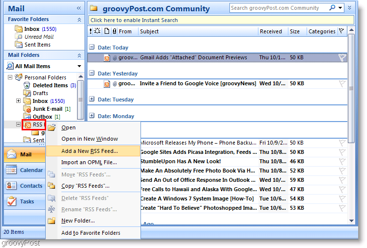 Skærmbillede Microsoft Outlook 2007 Tilføj nyt RSS-feed