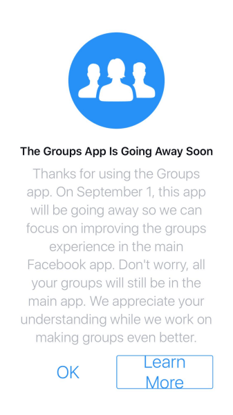 Facebook afbryder Groups-appen til iOS og Android efter den 1. september 2017.