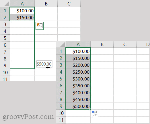Excel AutoFyld valuta mønster