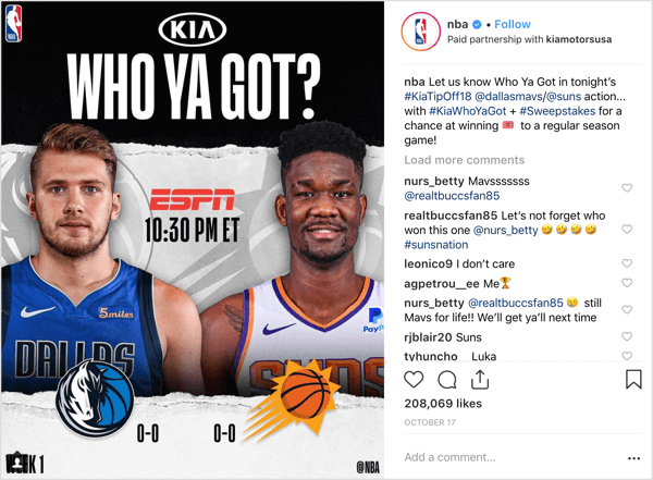 NBA gik sammen med sponsor Kia Motors for at give væk billetter i starten af ​​sæsonen på Instagram.