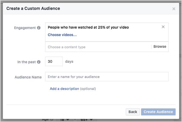 Facebook tilpasset publikum baseret på videovisninger på 30 dage.