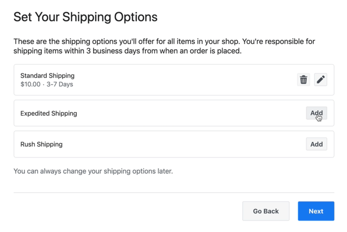 screenshot eksempel på facebook shop forsendelsesmuligheder, som muligvis er tilgængelige