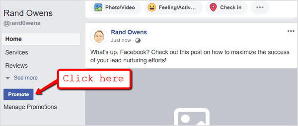 Gå til din Facebook-side, og klik på knappen Promover under navigationsfanen.