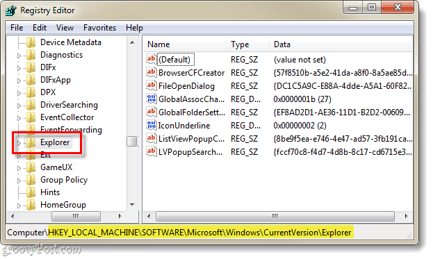 find registy-nøglen, der vedrører den aktuelle version af explorer i Windows 7-registreringsdatabasen
