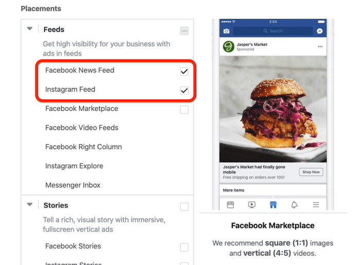 Facebook-nyhedsfeed og Instagram-feedplaceringer valgt på annonceniveau i Facebook Ads Manager