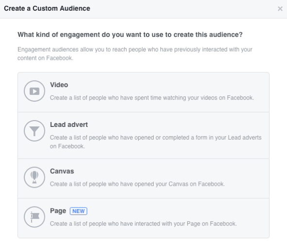 Facebook giver dig mulighed for at oprette fire engagement-baserede tilpassede målgrupper.
