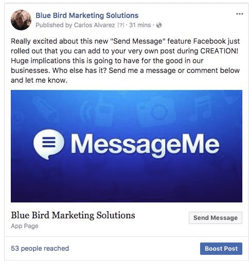 Facebook tilføjede muligheden for at inkludere en knap til sideposter, der giver brugerne mulighed for at svare direkte i Messenger.