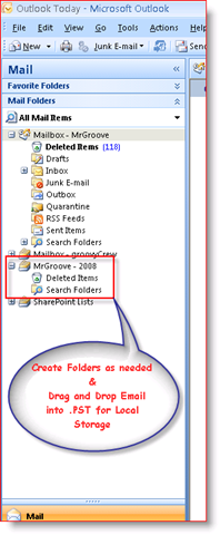 Outlook 2007-indbakke, der viser .PST-personlige datafil i navigationsruden:: groovyPost.com