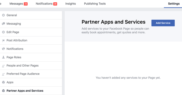 Klik på Partner-apps og -tjenester på din Facebook-side Indstillinger.