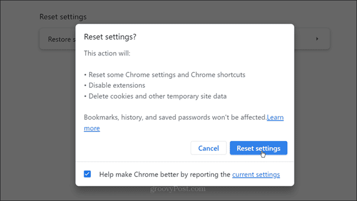Nulstil indstillinger Chrome-bekræftelse