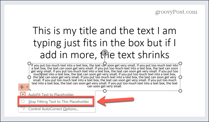 powerpoint stop med at tilpasse tekst til pladsholder
