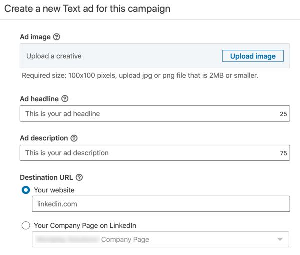 Sådan oprettes LinkedIn-tekstannonce, trin 12, indstillinger for annoncetekst