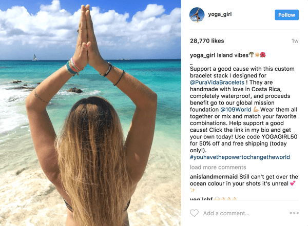 I denne betalte influencer-stilling var Pura Vida i stand til at udnytte Rachel Brathens (yoga_girl) 2,1 millioner tilhængere og spore ROI gennem en eksklusiv kupon.