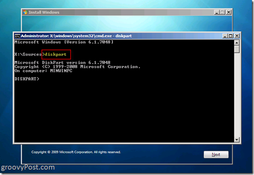 Windows 7 Native VHD Installer Dual Boot Launch Diskpart 6.1.7048 fra CMD Prompt om at oprette VHD-fil