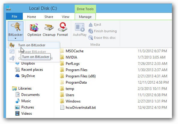 BitLocker File Explorer-bånd