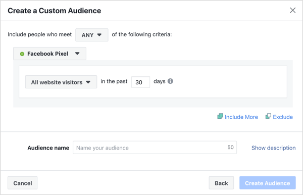Standardindstillinger til oprettelse af et brugerdefineret publikum på et Facebook-websted.