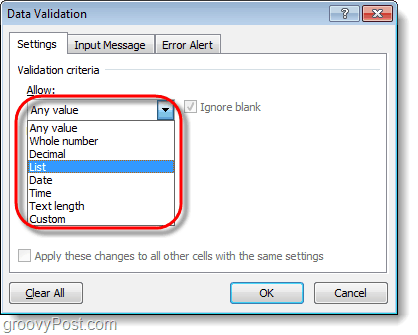 Excel-valideringskriterier